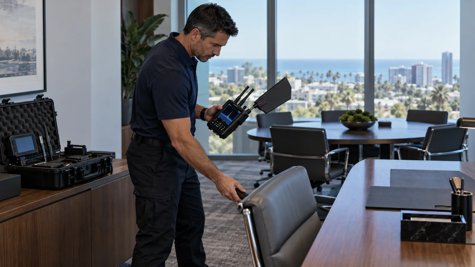 TSCM investigator conducting an electronic bug sweep with RF detection equipment in a professional office