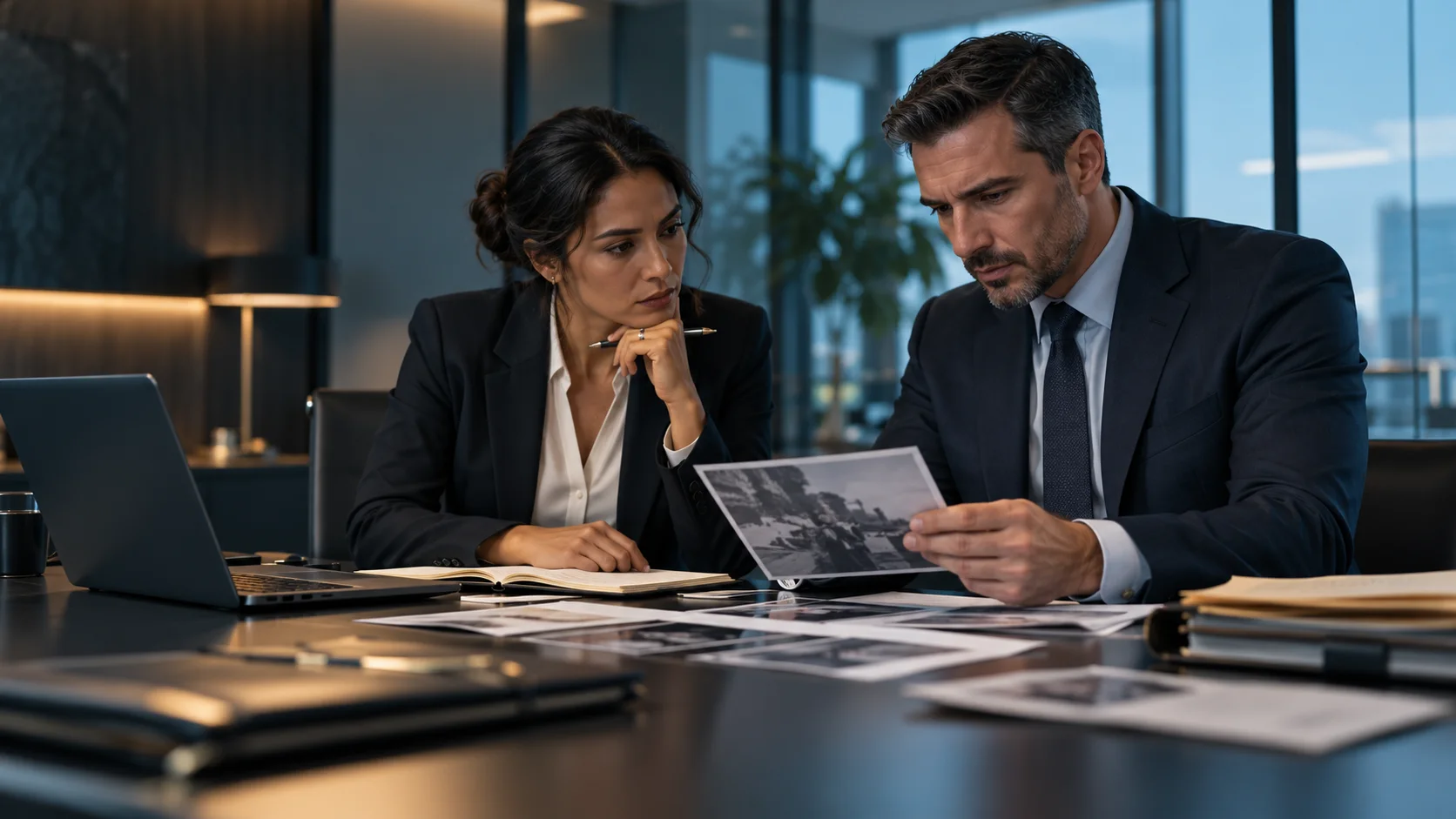Corporate investigator reviewing business records and digital evidence