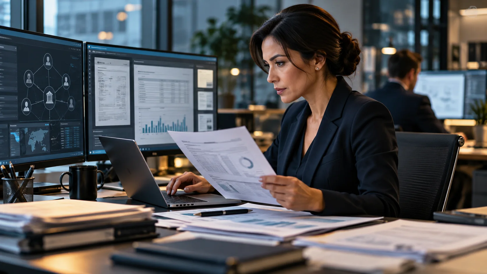 Financial fraud investigator tracing transactions and business relationships