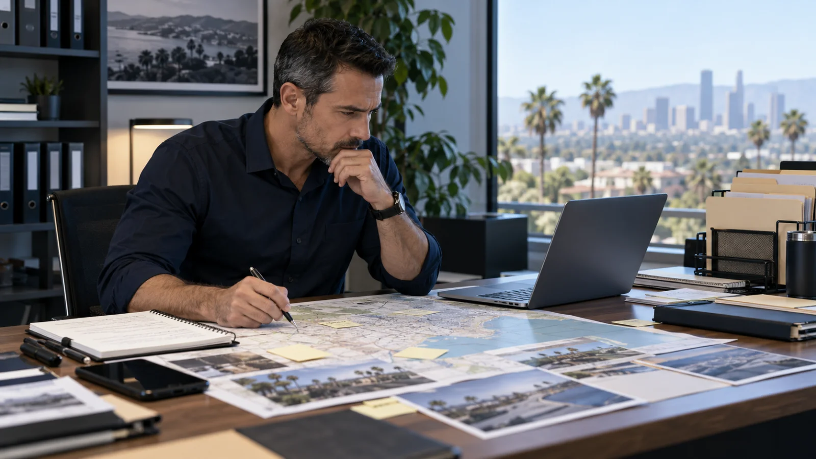 Licensed private investigator reviewing maps, records and digital leads to find a missing person
